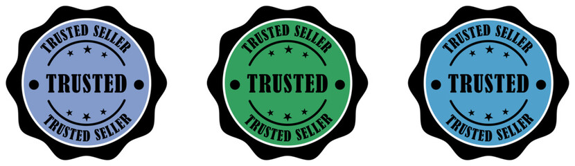 Trusted seller zigzag rounded badge collection. Trusted seller stamp design. Verified seller badge graphic. Top seller approval sticker. Reliable seller label. Highly rated seller. Vector illustration