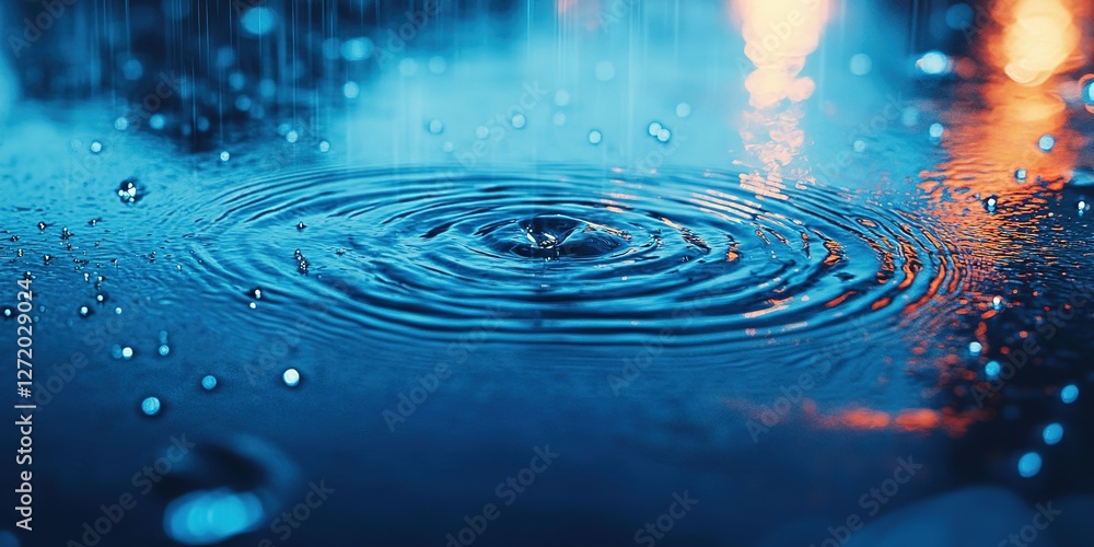 Aufkleber raindrops create ripples on a wet surface in a calm urban setting at night