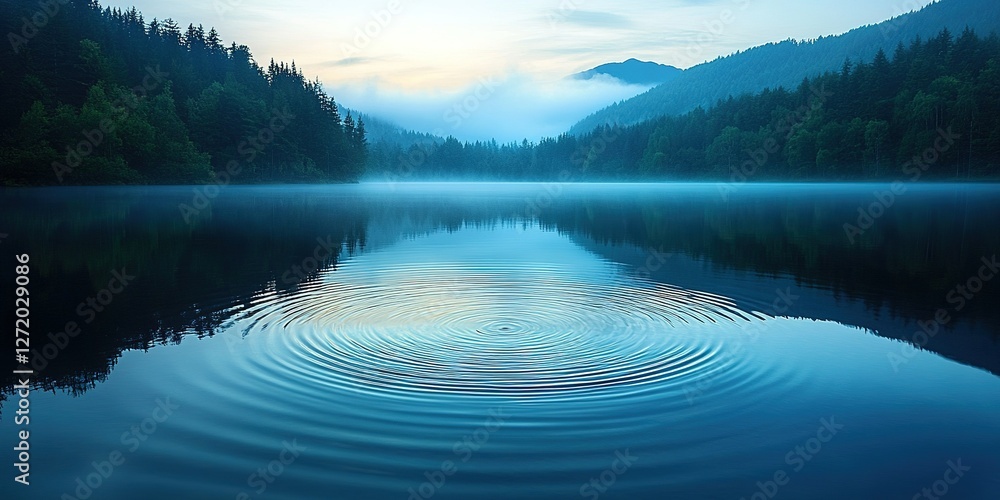 Poster calm lake at dawn with ripples and mist enveloping the surrounding hills and trees