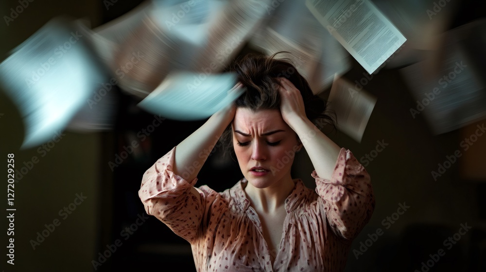Poster stressed professional holds her head amidst flying papers, symbolizing the chaos and pressure of man