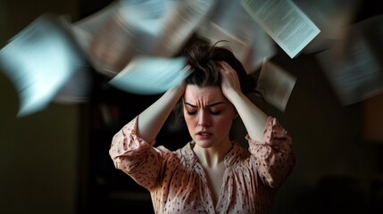 Stressed professional holds her head amidst flying papers, symbolizing the chaos and pressure of managing multiple tasks and deadlines in a fast paced work environment