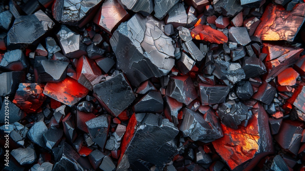 Poster black and red obsidian crystals are scattered across a surface, highlighting their sharp edges and s