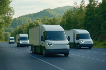 Trucks traveling on a highway through a green landscape at sunset