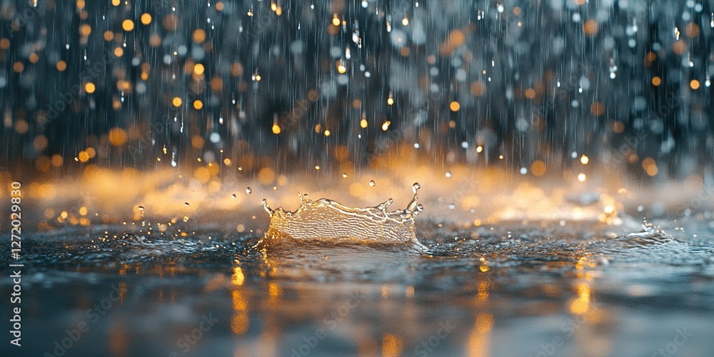 Poster splashes of water create patterns as rain falls softly on a reflective surface at dusk