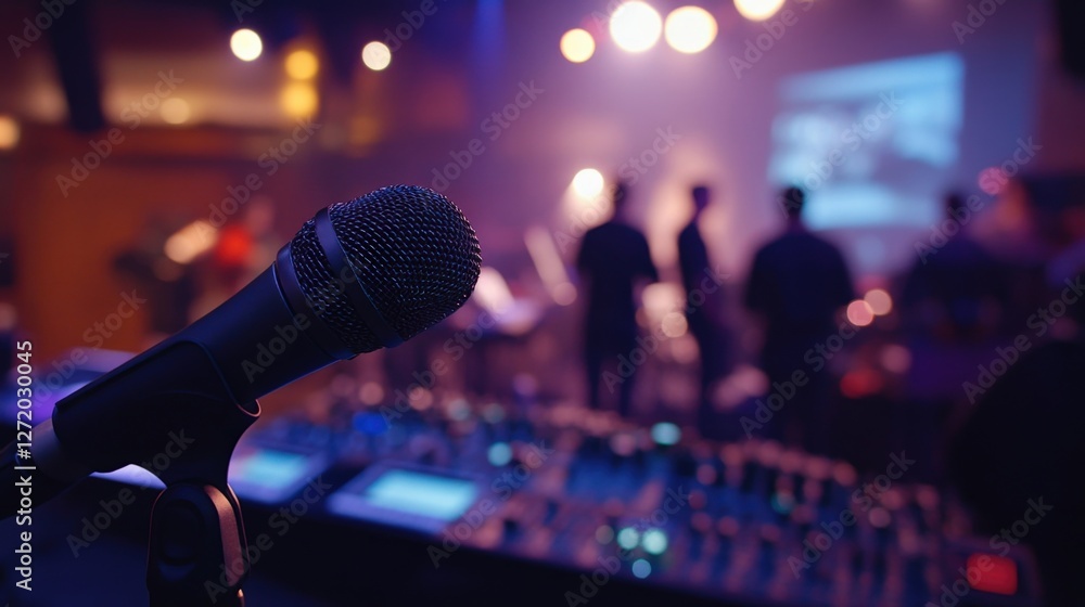 Poster closeup of a handheld microphone in the foreground with blurred figures of crew members in the backg