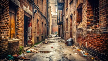 Fototapeta premium Dusty alleyway with crumbling brick walls and trash scattered on the ground, grime, pollution, abandoned