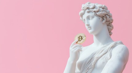 Greek god statue holding cryptocurrency coin against pink background representing the timeless value of digital assets