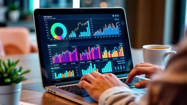 Business analytics dashboard on laptop with financial performance metrics, kpi graphs, market data charts. Digital intelligence interface with visualization finance