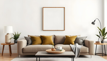 Stylish living room with neutral tones, featuring a cozy sofa, olive green pillows, and an artistic mock up frame print on the wall. Cozy home decor. Template, low-poly. with white shades