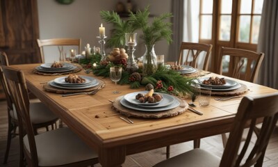 Elegant dining table with pine and cedar centerpieces, winter wonderland, elegant tableware, festive holiday dinner