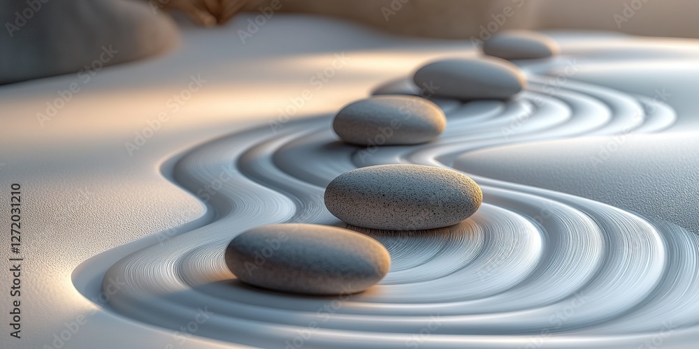 Poster tranquil arrangement of stones on smooth sand creating calming patterns in a serene setting