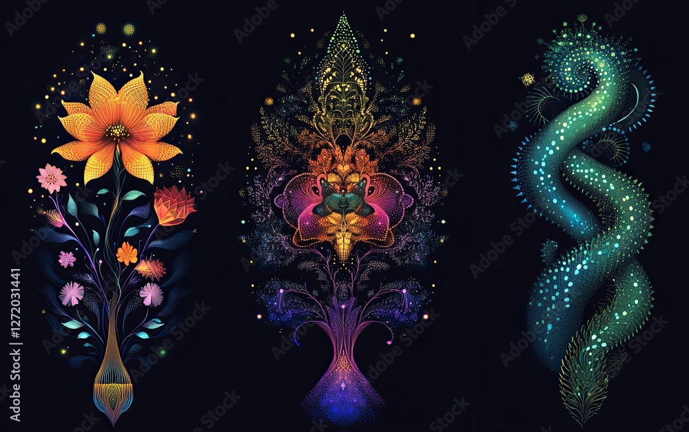 Poster vibrant botanical and abstract designs with floral and curved patterns on dark background