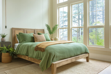 Fototapeta premium A bright bedroom featuring a natural, wooden bed frame with simple yet elegant lines. The bed is dressed in green bedding, adding a calming and vibrant pop of color that complements the neutral tones 
