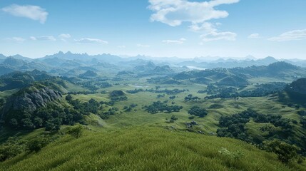 Naklejka premium Vast Green Meadow Landscape Under a Sunny Sky
