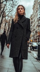 Fototapeta premium Fashionable woman in boucle coat walking through urban street