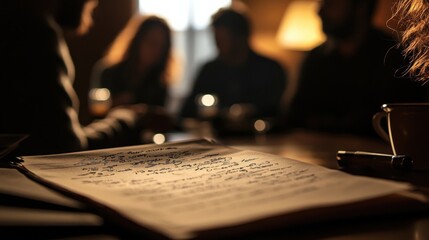 A closeup of a script lying open on the table filled with handwritten notes and annotations reveals the behindthescenes process while blurry silhouettes of actors and the director engage
