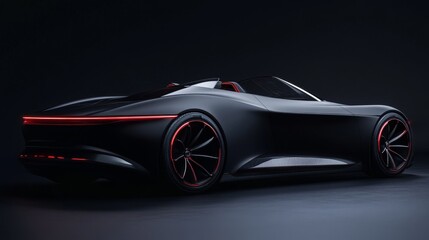 Sleek futuristic sport car design showcased in a dark studio setting with dramatic lighting