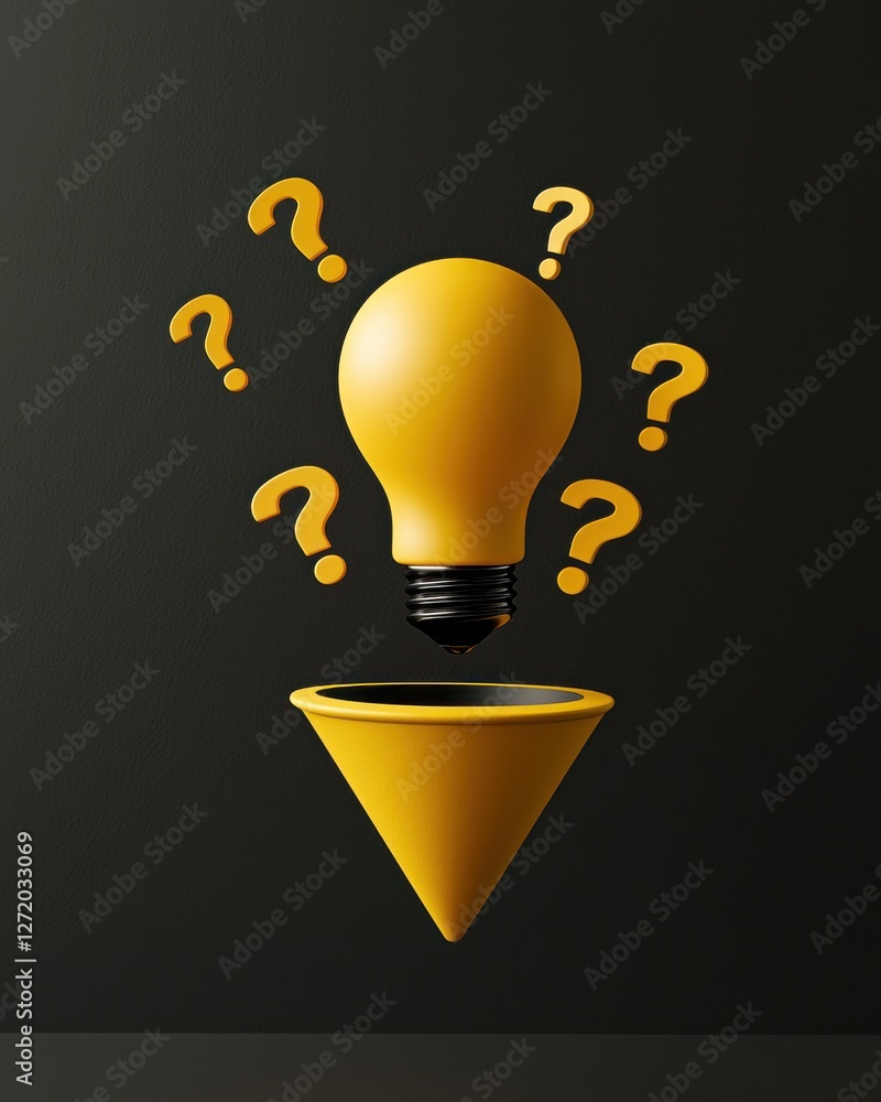 Poster yellow light bulb with question marks above it in a minimalist design on dark background