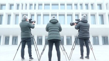 Three photographers capture the modern building's architecture using professional cameras and tripods