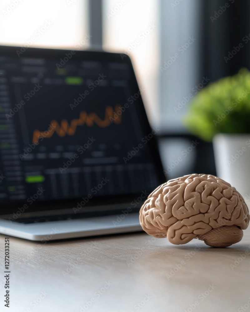 Poster brain model in front of laptop screen displaying stock market data in a modern office setting