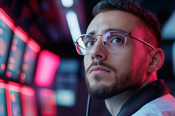 Close up of a security officer with glasses, intently monitoring multiple screens in a dimly lit surveillance room with red and blue lighting