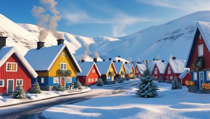 Cozy winter village in a snow-covered landscape with colorful houses and serene mountains