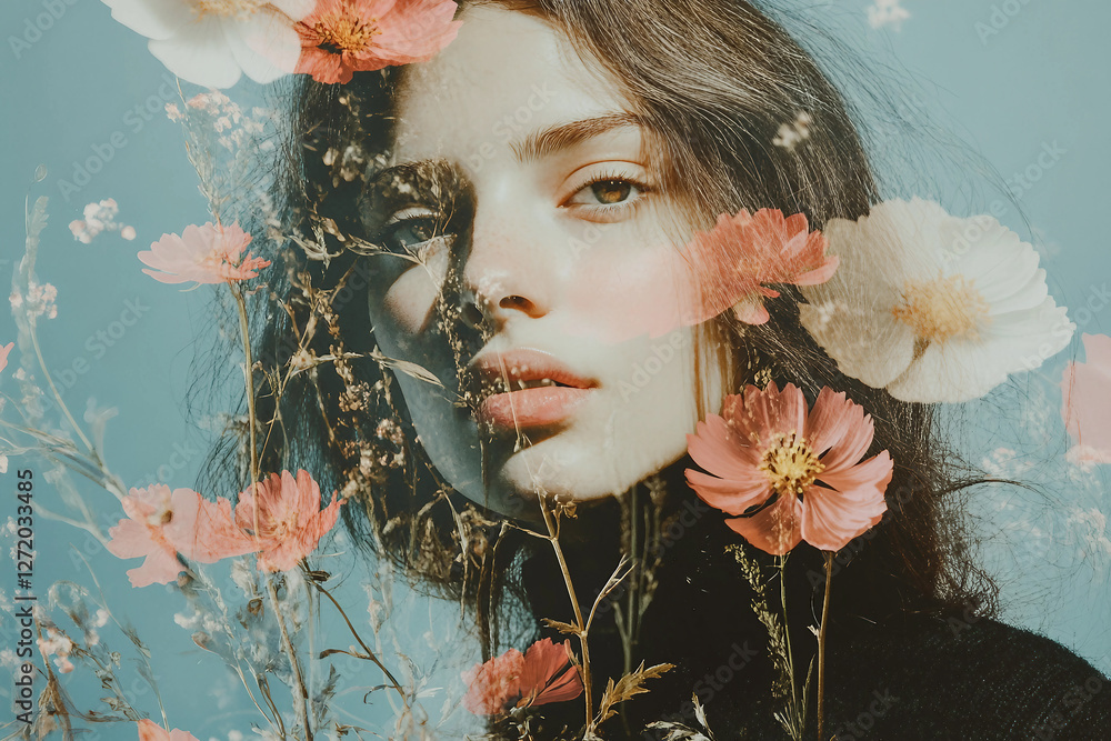 Poster generative ai retro style collage art featuring a woman with floral elements in a surreal spring com