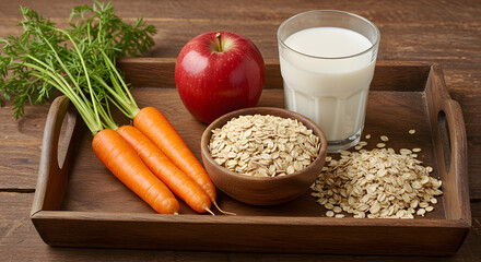 Carrots, apple, oat flakes and milk displayed on a wooden tray promote healthy eating habits for a balanced lifestyle.