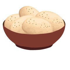 A brown bowl filled with fluffy, light-colored bread rolls, showcasing a soft texture and small indentations on top