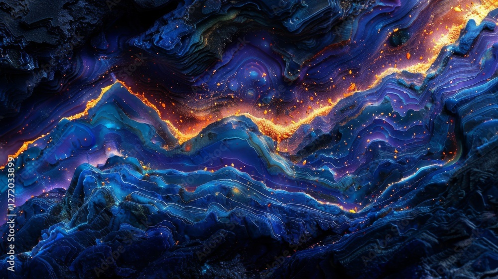 Poster a swirling pattern of deep blues and purples intermingled with bright orange highlights evokes the f