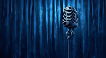 Vintage microphone on stage with blue curtain in background