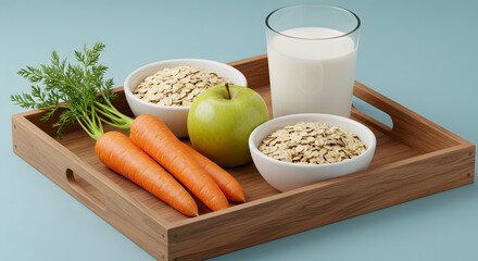Carrots, apple, oat flakes and milk displayed on a wooden tray promote healthy eating habits for a balanced lifestyle.