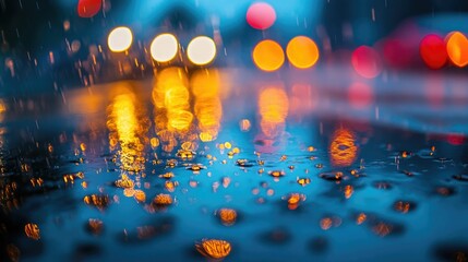 Rainy night, city lights reflected, water droplets.