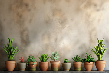 Fototapeta premium A beautiful architectural background featuring clay pots neatly arranged against a textured concrete wall, creating a striking contrast with the tropical natural aesthetic