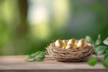 Bird's nest filled with golden eggs symbolizing financial security and long term growth through savings and investment