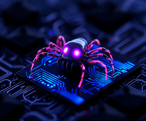 Neon spider on circuit board. Futuristic insect on microchip