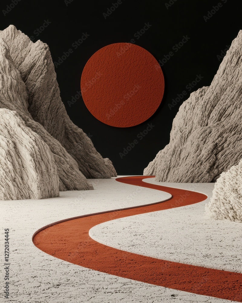 Poster abstract landscape with curved path and large circular element against textured mountain backdrop in