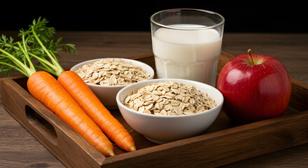 Carrots, apple, oat flakes and milk displayed on a wooden tray promote healthy eating habits for a balanced lifestyle.