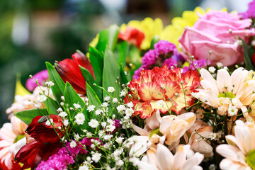 Romantic floral background with rose, carnation and gypsophila paniculata flowers.