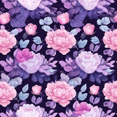 Elegant floral pattern with pink and purple roses on dark background