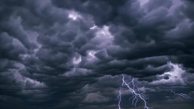 dark stormy sky with lightning bolts at night, dramatic weather phenomenon concept