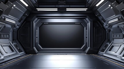Futuristic interior of a sleek, metallic spaceship with a large screen and ambient lighting