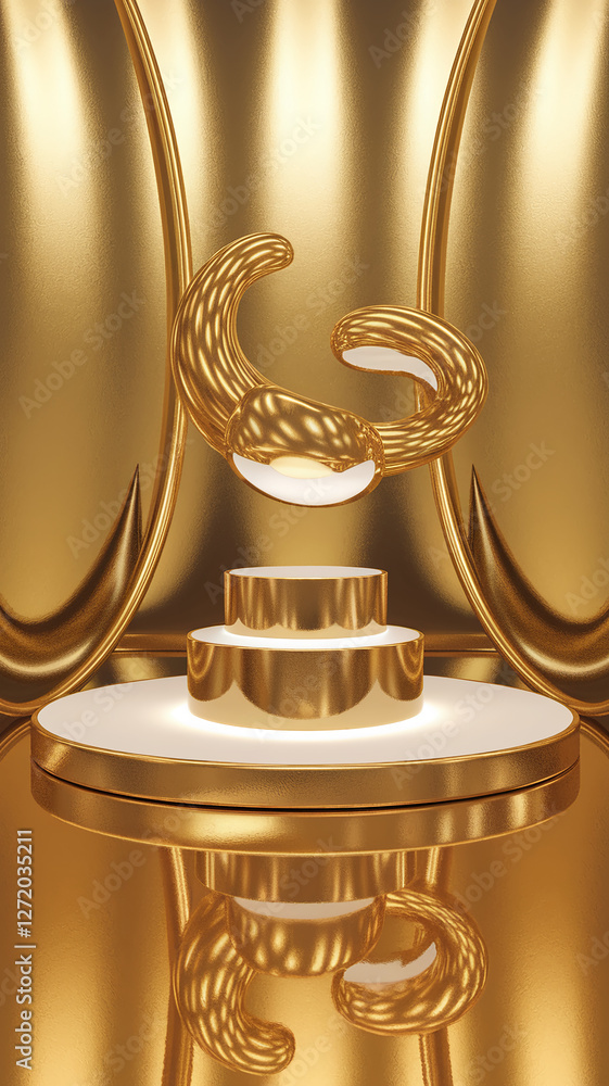 Poster a clean and elegant golden display featuring three circular podiums with soft lighting and geometric