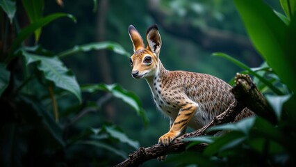 Fototapeta premium Adorable Spotted Fawn Perched on Branch in Lush Tropical Forest
