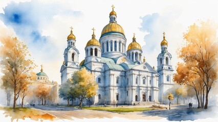 Fototapeta premium Stunning watercolor painting of Cathedral with golden domes, surrounded by autumn trees and a bright sky