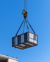Crane Lifting Prefabricated Modular Building Component Against Clear Blue Sky