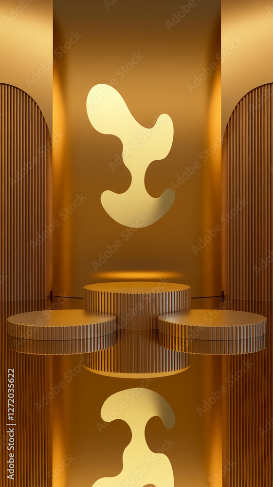 Poster a golden geometric display setup with three circular podiums and modern abstract art shapes, reflect