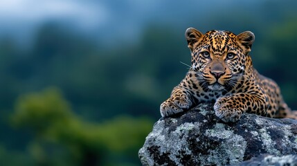 Fototapeta premium The stunning leopard lounges gracefully on a rock, surrounded by vibrant foliage, showcasing the beauty of wildlife and the intrigue of nature's raw elegance.