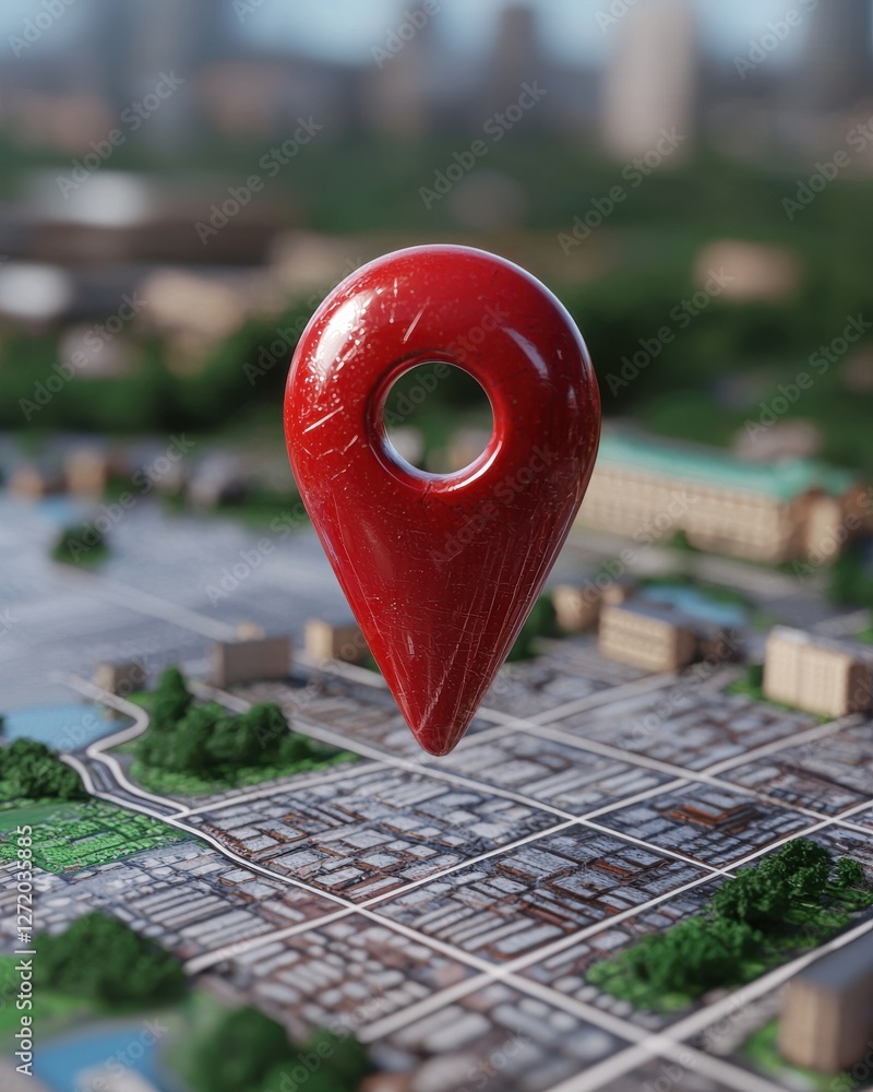 Poster red map pin floating over detailed city map with buildings and greenery in background