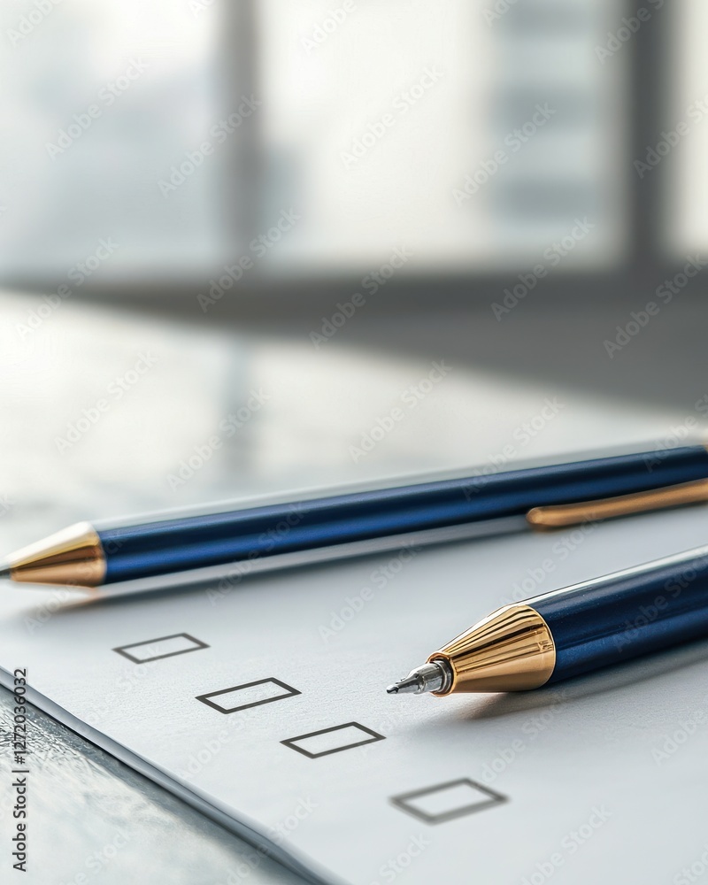 Aufkleber elegant blue pens resting on a blank checklist paper with empty boxes for tasks and projects in a mo